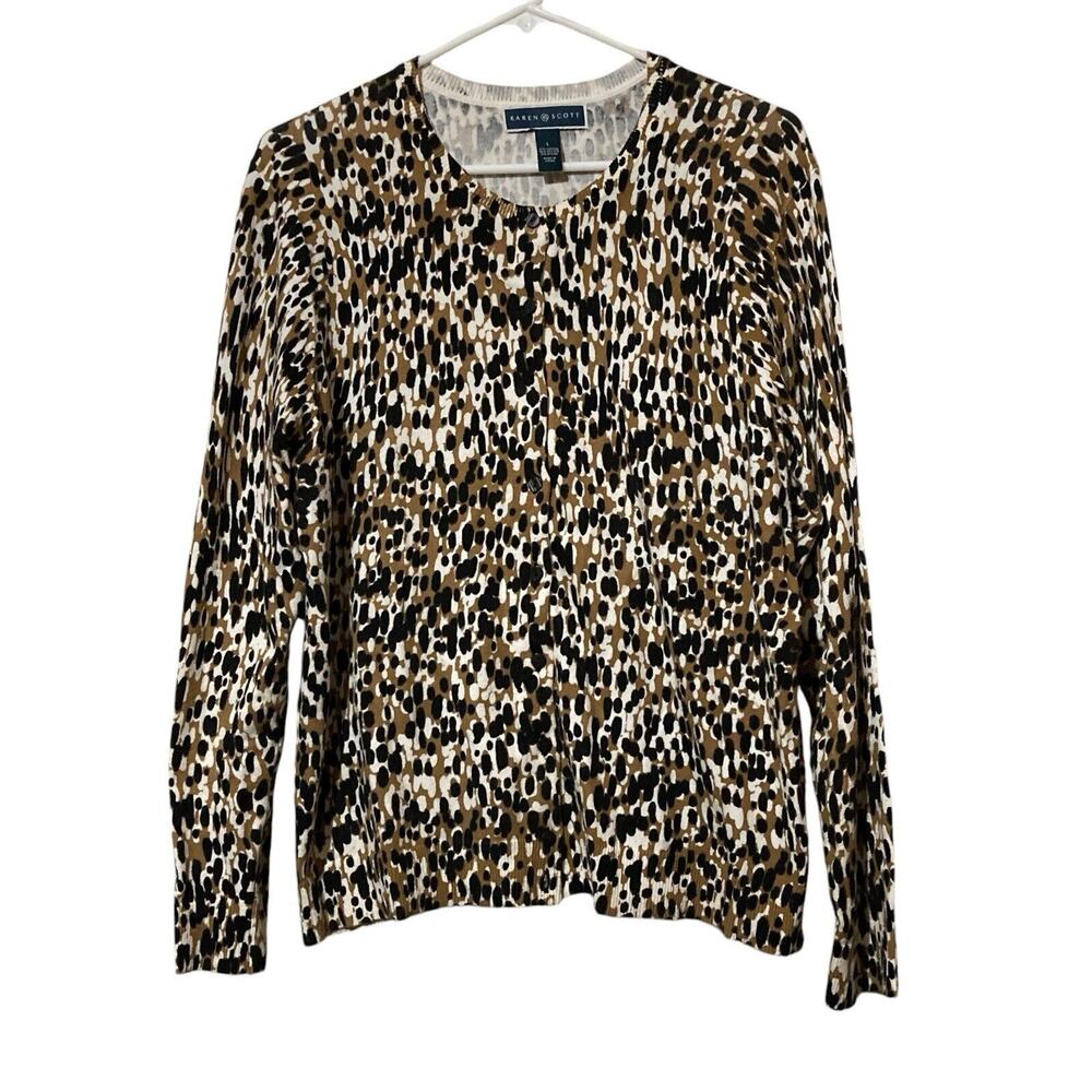 Karen‎ Scott cardigan sweater button up large Brown White Black Abstract Dots